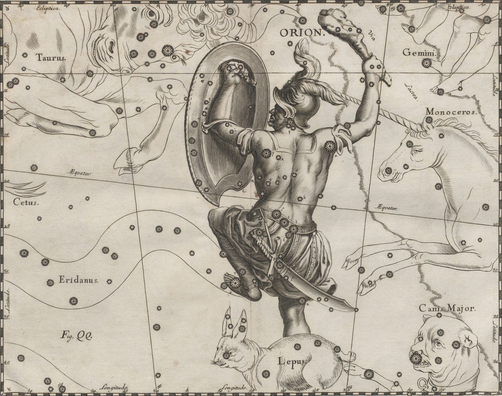 Kupferstich von 1690: Orion von hinten, mit Helm, schwingt eine Keule und hebt einen Schild; um ihn herum Stier, Zwillinge, Einhorn, Hase, Großer Hund und der Fluss Eridanus, alle mit Sternen besetzt.