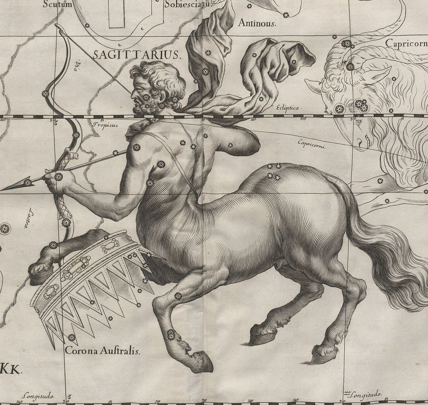 Gravure uit 1690: een galopperende centaur die zijn boog spant, met wapperende mantel, boven een kroon van sterren.